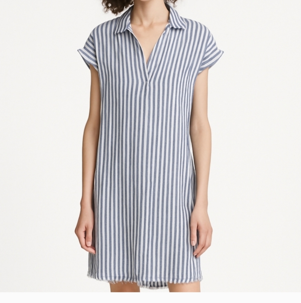 Thread & Supply Linen Stripe Ivory Black Fringe Shirt Dress Short Sleeve Collar